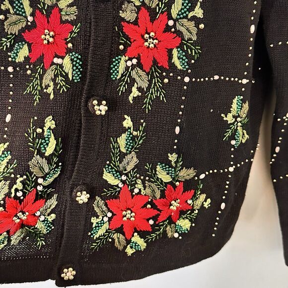 Womens Christmas Sweater S Embellished Poinsettia Beaded Embroidered Ugly Not - Picture 3 of 9